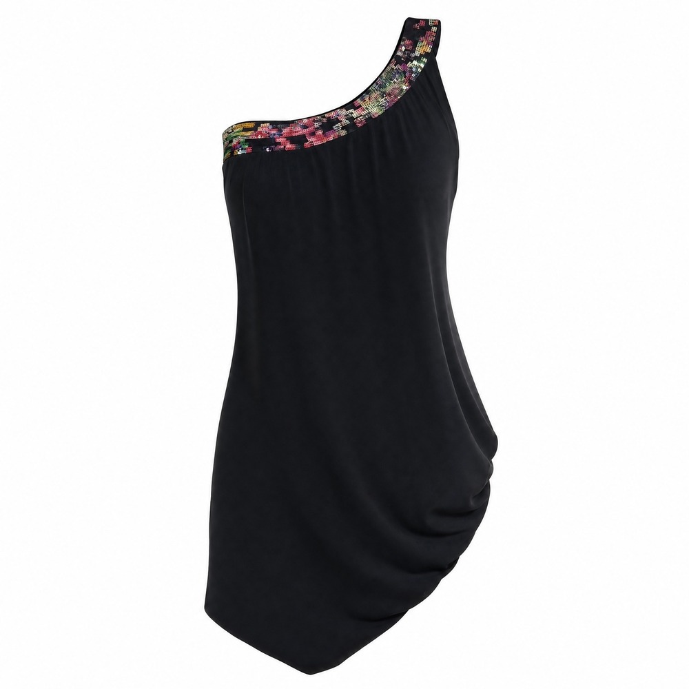 Trina Turk One Shoulder Silk Dress 6 Black Sequin Trim Cocktail Party Glam EUC